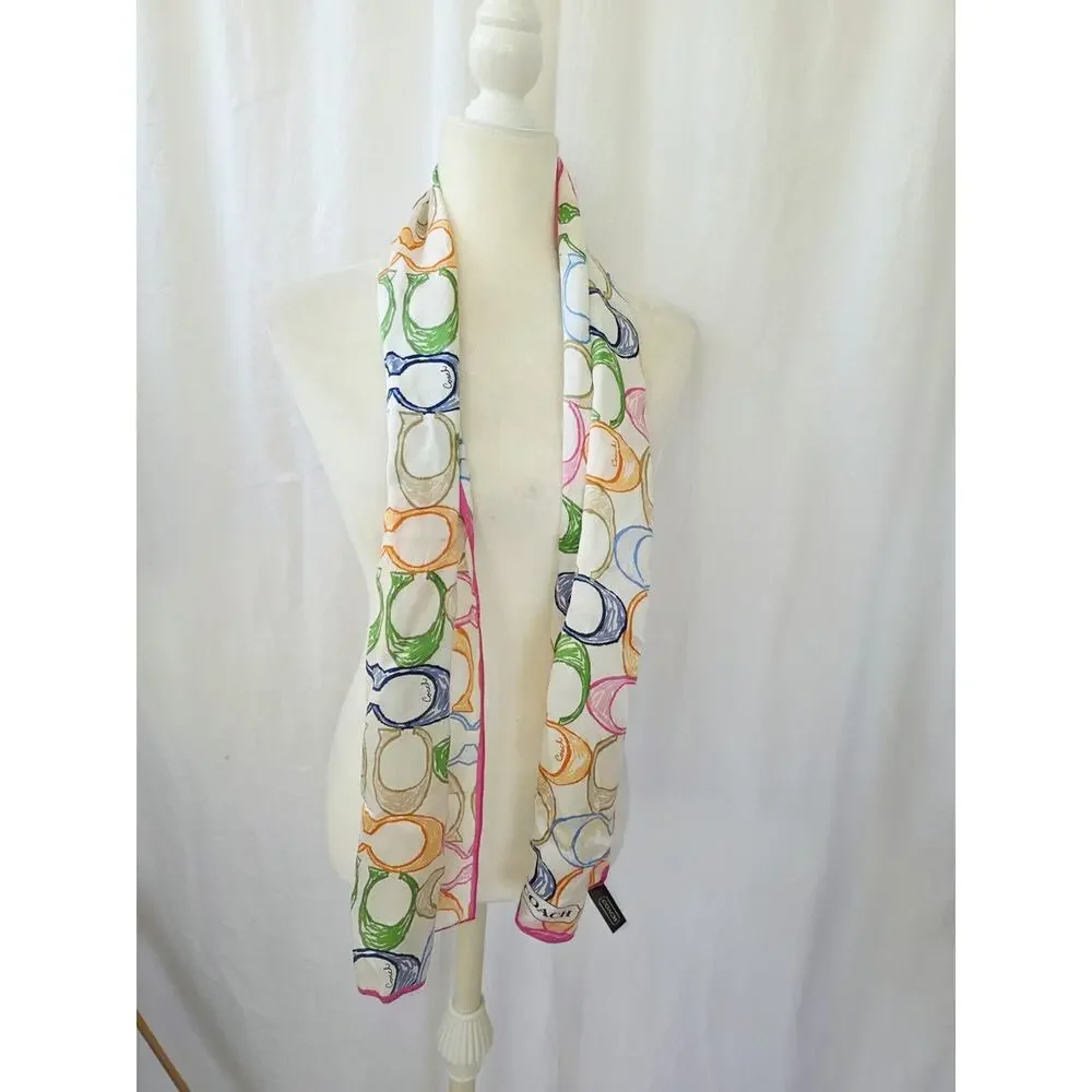 COACH Scarf Signature Rainbow Silk Satin Scarf 58 x 10 Pink Blue White Vtg 90's